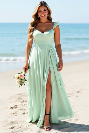 Plus Size Ruffled Mint Green Bridesmaid Dress with Slit
